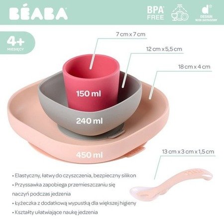 Beaba Komplet naczyń z silikonu z przyssawką pink